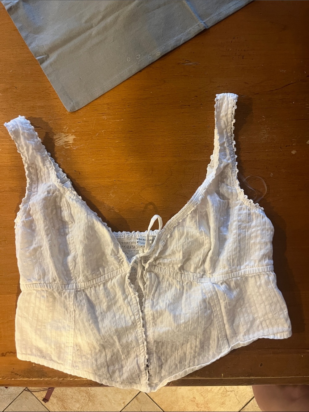 American Eagle Outfitters White Smocked Lace-Up Crop Top